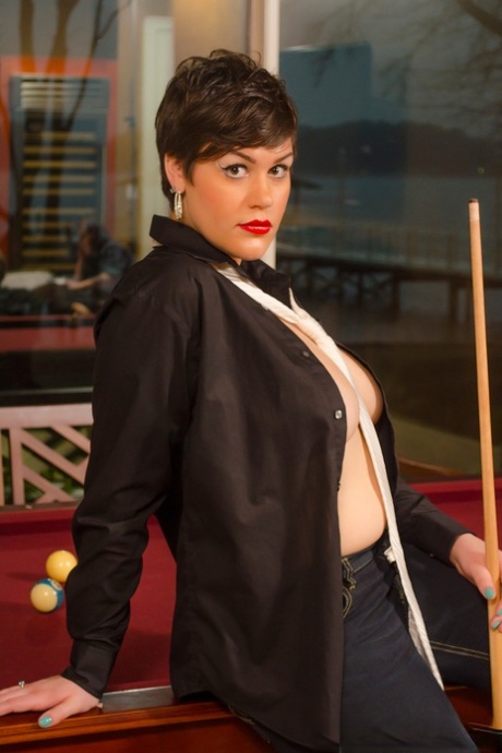 Thick woman with short hair Annalise bares her big tits and butt on pool table 90924630