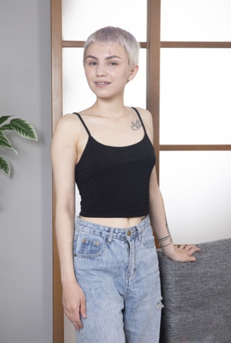 Young girl with short blonde hair Bramble Bee gets bare naked on a sofa 67600027